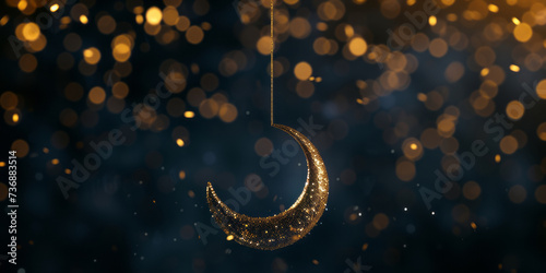 A crescent hanging on a string against a black background, representing a festive atmosphere, bokeh, whimsical and playful scenes, and surrealistic installations in dark sky-blue and gold. photo