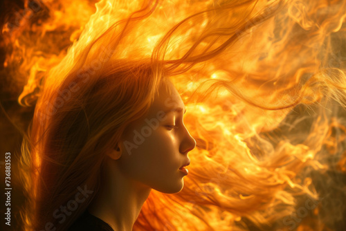 A girl with flames in her hair, featuring hyper-realistic atmospheres, fine art photography, and surrealist-inspired elements in light orange and light amber.