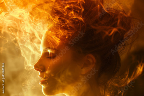 A girl with flames in her hair, featuring hyper-realistic atmospheres and fine art photography in light orange and light amber.