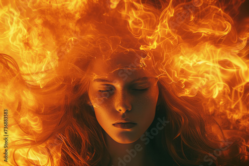 A girl with flames in her hair, featuring hyper-realistic atmospheres, fine art photography, and surrealist-inspired elements in light orange and light amber.