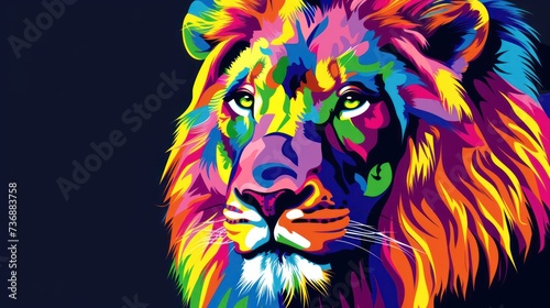  a close up of a colorful lion s face on a black background with the colors of the rainbow on the lion s face.