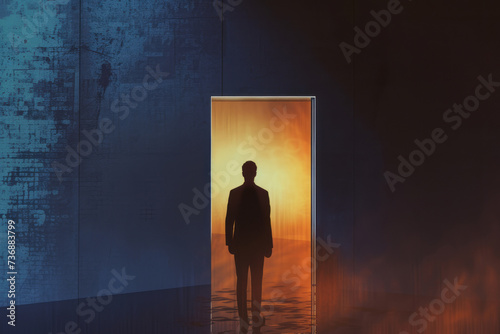 A man in silhouette standing outside an open door, featuring futuristic cityscapes, photorealistic landscapes, dramatic cityscapes, and interior scenes.