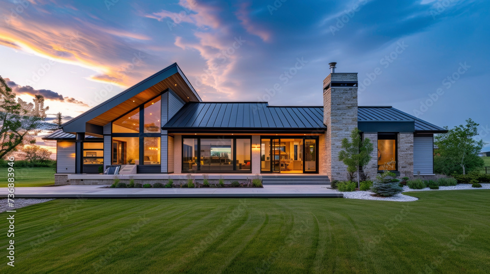 Fototapeta premium Prepare to be captivated by this modern agrarian masterpiece featuring a sleek exterior and an openconcept design that seamlessly integrates the indoors with the surrounding