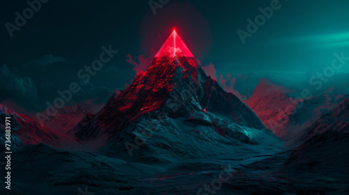 A mountain that glows in the night, featuring aggressive digital illustration, geometric balance, simplistic characters, and colors of dark red and light cyan.