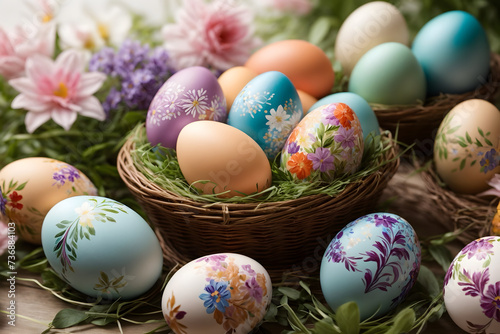 Colorful Easter eggs in a basket with an isolated background