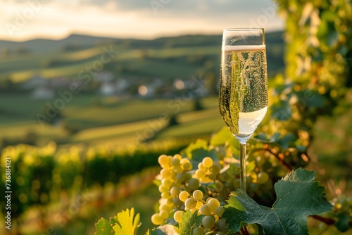 Savoring top-quality sparkling white wine with effervescence champagne while admiring the lush pinot noir meunier vineyards of France. photo