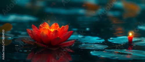 A red lotus flower with a candle in a dark pond, appearing light-filled in dark teal and light orange.