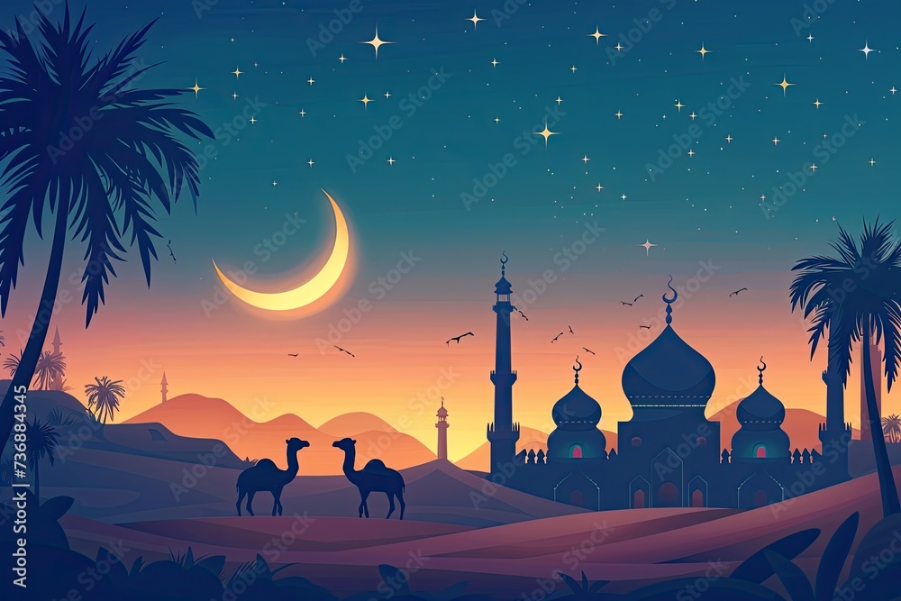 ramadan Mubarak With Mosque,Camel,Date Palm, moon, star Backgrounds ramadan Mubarak With Mosque,Camel,Date Palm, moon, star Backgrounds