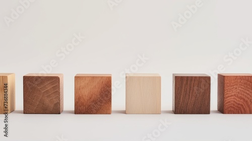 A row of wooden cubes in different wood shades' on a white background, with minimal retouching and disfigured forms, in light red and beige colors. photo