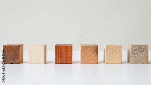 A row of wooden cubes in different wood shades  on a white background  with minimal retouching  disfigured forms  in light red and beige colors.