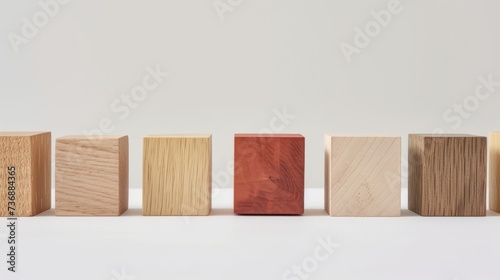 A row of wooden cubes in different wood shades' on a white background, with minimal retouching, disfigured forms, in light red and beige colors. photo