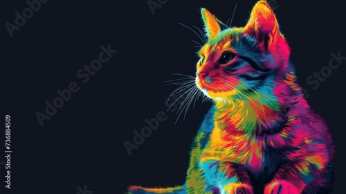  a multicolored cat sitting on a black background with a black background and a black background with a black background and a multicolored cat sitting on a black background.