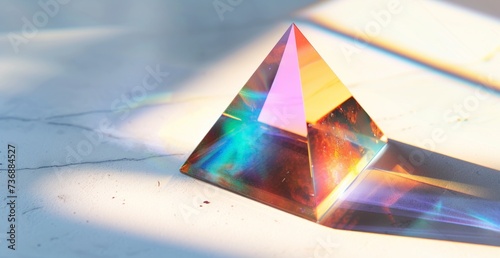 A small, triangular-shaped, colorful pyramid is presented, embodying metallic etherialism, tabletop photography, and colorful moebius. photo