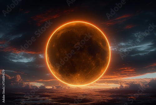 A vibrant, high-energy imagery of a solar eclipse is presented, featuring focus stacking and anemoiacore in dark brown and orange. photo