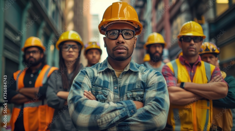 A handful of confident construction workers in safety gear stood with their arms crossed. It shows teamwork and professionalism in the industry. A handful of confident construction workers in safety gear stood with their arms crossed. It shows teamwork and professionalism in the industry.