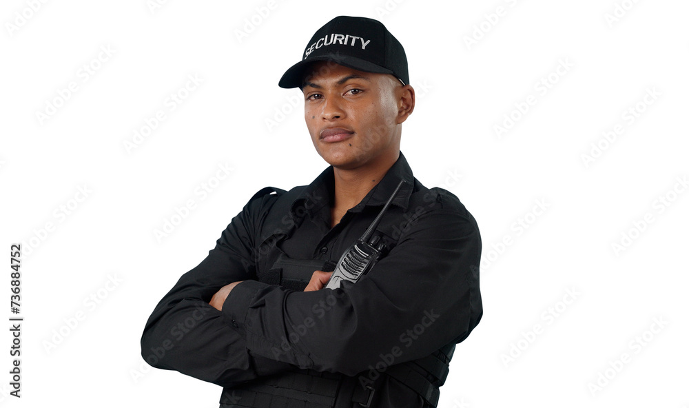 Security guard, man and portrait with arms crossed or confidence for surveillance, law enforcement or walkie talkie. Employee, face or radio for crime or patrol isolated on png transparent background Security guard, man and portrait with arms crossed or confidence for surveillance, law enforcement or walkie talkie. Employee, face or radio for crime or patrol isolated on png transparent background