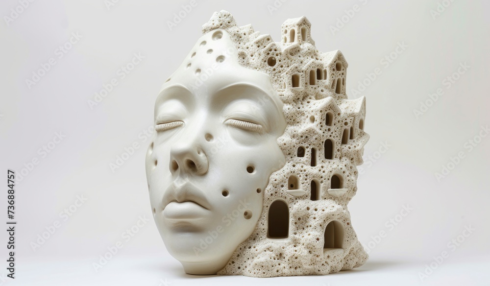 A white ceramic statue for a person, featuring pointillist cityscapes, haunting houses, primitive structures made of cheese, and organic stone carvings. A white ceramic statue for a person, featuring pointillist cityscapes, haunting houses, primitive structures made of cheese, and organic stone carvings.