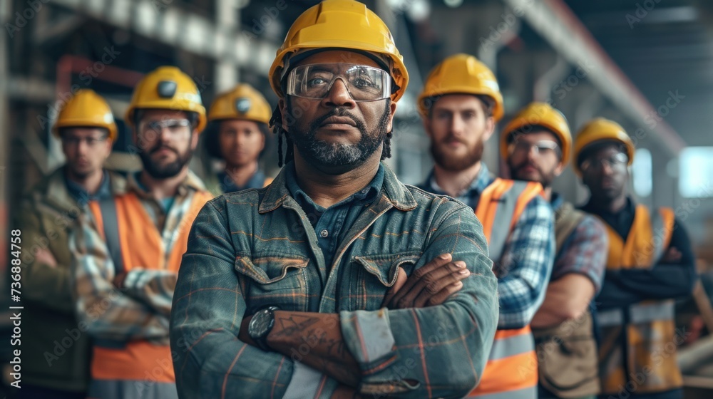 A handful of confident construction workers in safety gear stood with their arms crossed. It shows teamwork and professionalism in the industry. A handful of confident construction workers in safety gear stood with their arms crossed. It shows teamwork and professionalism in the industry.