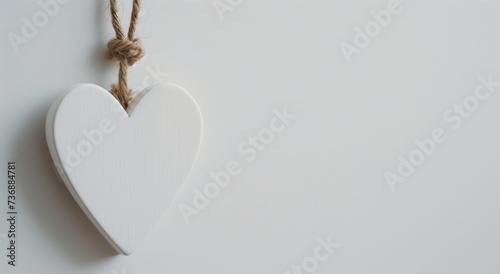 A white heart-shaped tag is hanging with a rope against a white background, representing minimalist backgrounds, luxurious wall hangings, and comfycore. photo