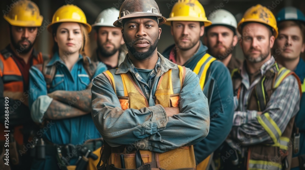 A handful of confident construction workers in safety gear stood with their arms crossed. It shows teamwork and professionalism in the industry. - obrazy, fototapety, plakaty 
