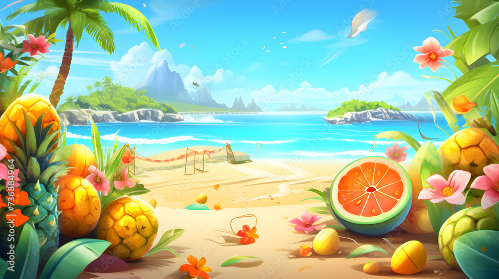 A colorful illustration of a beach with a beach and palm trees and the words summer
