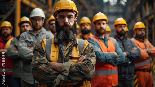 A handful of confident construction workers in safety gear stood with their arms crossed. It shows teamwork and professionalism in the industry.