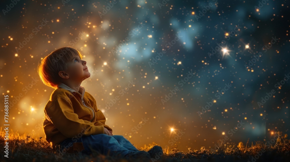 A happy amazed kid is sitting on the grass watching the sky full of stars - obrazy, fototapety, plakaty 
