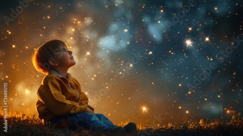 A happy amazed kid is sitting on the grass watching the sky full of stars photo
