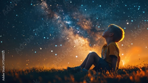 A happy amazed kid is sitting on the grass watching the sky full of stars photo