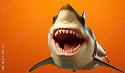 Portrait of a Shark showing his teeth. Open mouth. Orange background