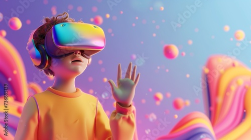 Cartoon Boy in VR gear explores a surreal landscape with vibrant colors and floating orbs, expressing wonder.