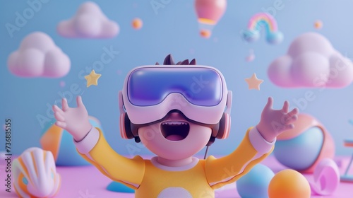 Cartoon child with VR headset in a colorful fantasy setting, hands raised in joy among clouds, stars, and whimsical shapes.