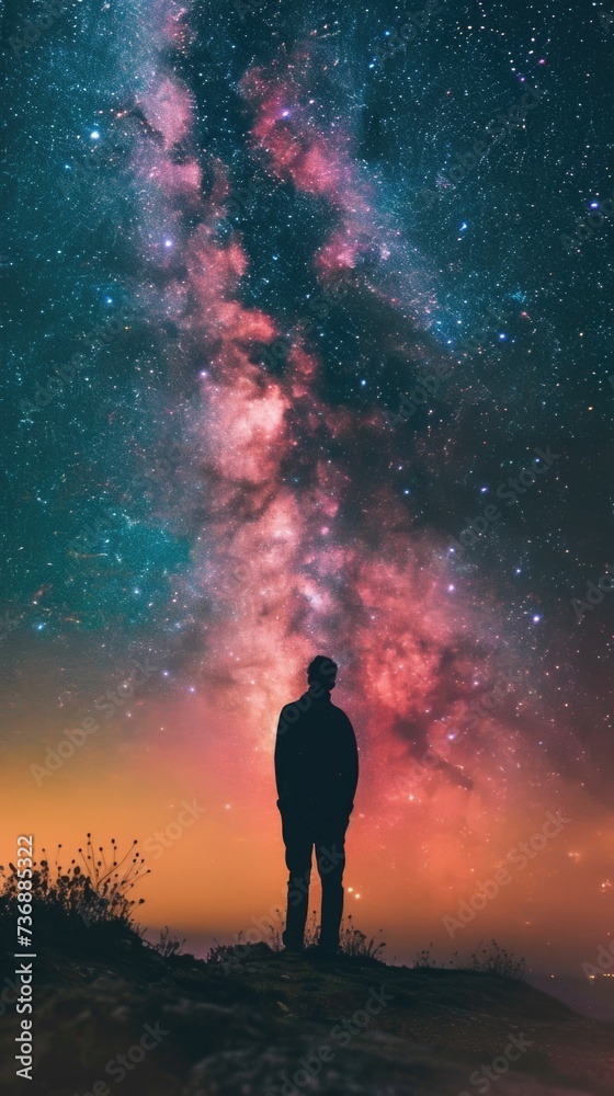 Silhouette of a man walking at night. Stargazing