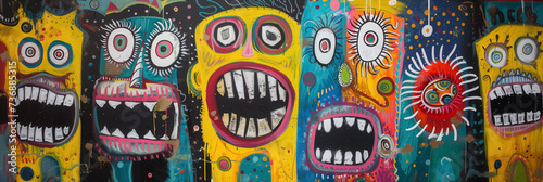 Vibrant monster mural with wide-open mouths.