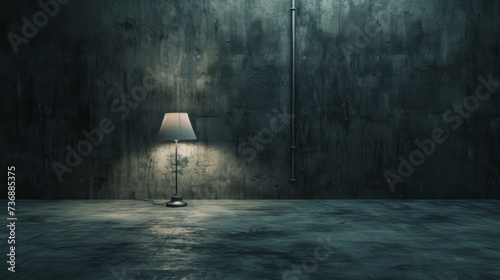 An empty room with a lamp in the middle of the floor is characterized by uneven textures and a hard edge. photo