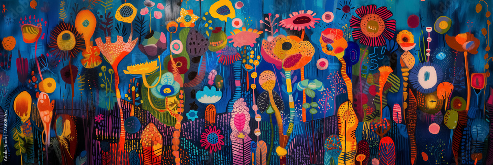 Whimsical vibrant forest painting with flowers.