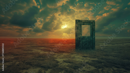 An open door in the middle of a flat field, featuring surrealistic elements, atmospheric ambience, surrealistic storytelling, a moody atmosphere, and a lucid atmosphere.