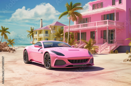 A pink sports car next to a pink house next to the sea. The blonde's house