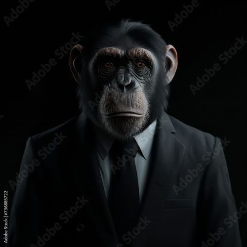 A chimpanzee in a business suit in the dark, featuring monochromatic minimalist portraits, hyper-realistic animal illustrations, street art characters, and bold elements. © Duka Mer