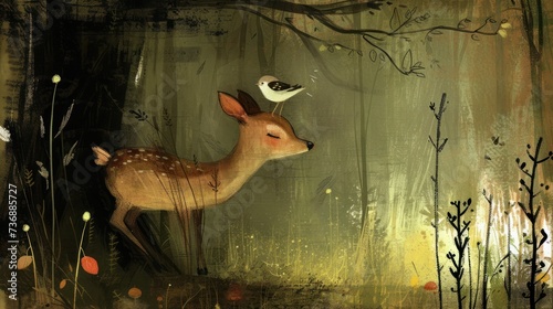  a painting of a deer in a forest with a bird perched on top of one of the deer's heads. © Anna