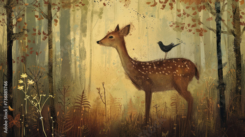 Fotografia a painting of a deer in a forest with a bird sitting on it's hind legs in the foreground