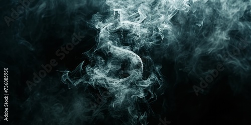 A dollar sign is shown in smoke over a black background, representing baroque-inspired sculptures and made of mist.