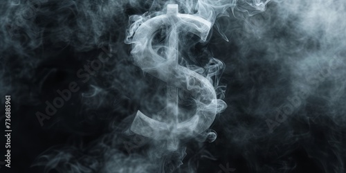 A dollar sign is shown in smoke over a black background, representing baroque-inspired sculptures and made of mist.