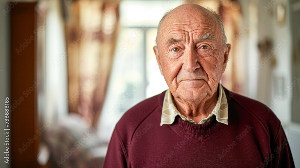 Elderly gentleman in a maroon sweater with a wise and thoughtful expression indoors Elderly gentleman in a maroon sweater with a wise and thoughtful expression indoors