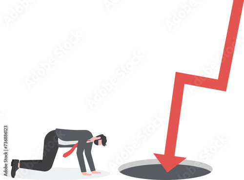 Sad businessman with falling down red arrow graph financial crisis

