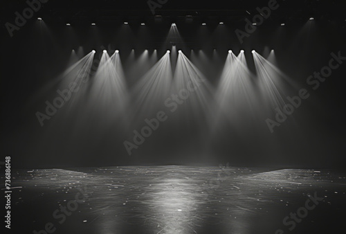 Photo A frontstage area is shown with the stage and spotlights, featuring dark tonality, light silver and dark gray colors, mastery of light, naturalistic shadows, and a contest winner