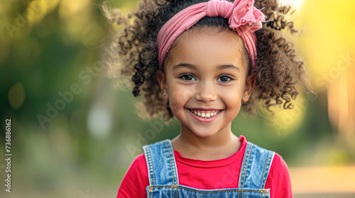 Radiant young girl with a bright smile and a pink headband standing outdoors. photo