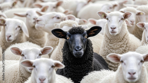 A standout black sheep amidst a flock of white sheep, gazing directly at the camera.
