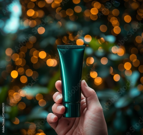 A hand holding a tube of facial skin care product, with a green tube up to the eye, set in an urban environment, featuring a bokeh panorama and opaque resin panels.