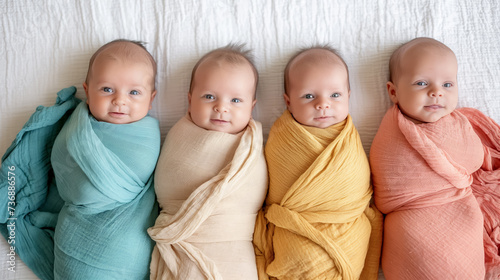 Four swaddled babies lying side by side. photo